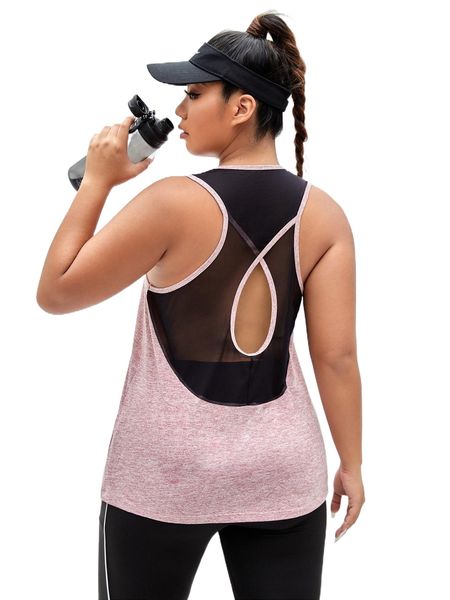 

plus mesh insert cut out contrast binding sports tank j5k3#, Black