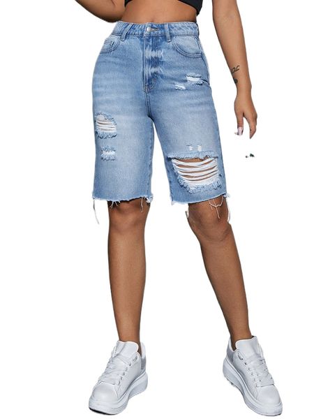 

zipper fly ripped raw hem bermuda denim shorts i2hp#, White;black