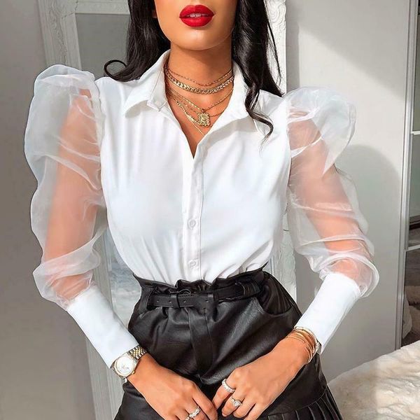 Damenblusen Hemden Kayotuas Damenbluse 2022 Mode Mesh Sheer Puffärmel V-Ausschnitt Knopf Elegante Tops Büro Damen Schwarz Weiß