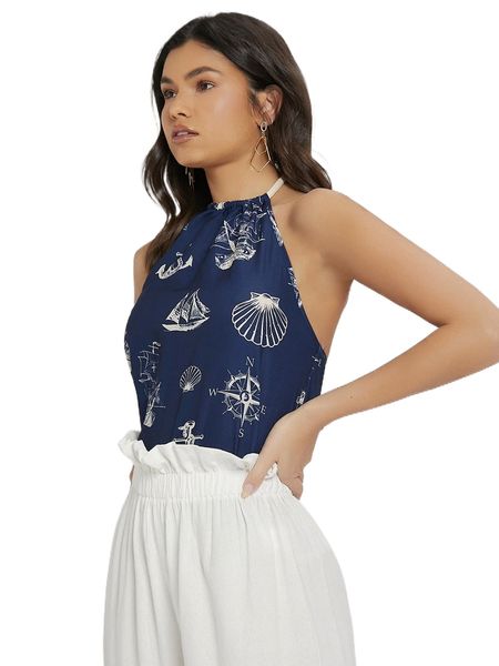 

sailboat & compass print tie backless halter 90fj#, White