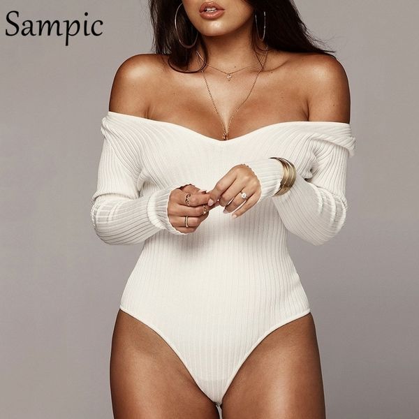 

sampic long sleeve knitted bodysuit off shoulder body women bodysuit v neck white black autumn romper ladies bodysuits y200401, Black;white