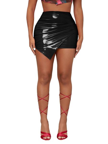 

sxy asymmetrical hem bodycon skirt v9os#, Black