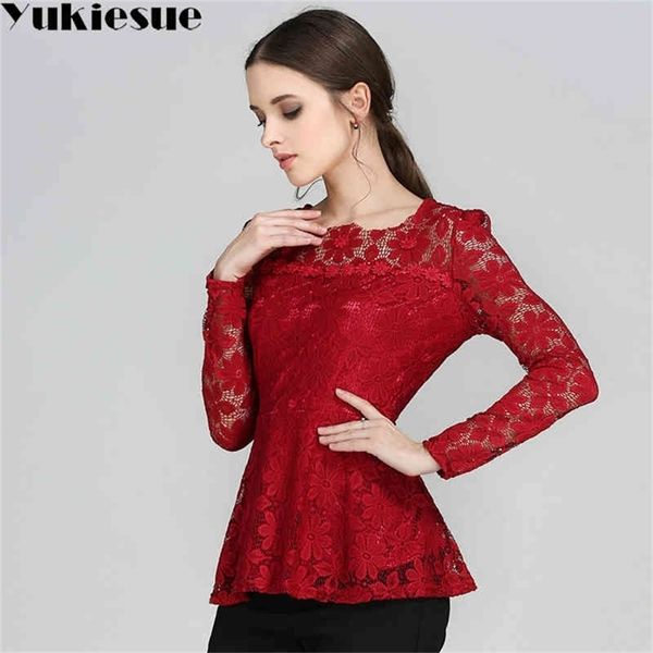 

candy color women blusas long sleeve lace blouse elegant lady lace autumn spring vintage hollow out blouse shirt plus size 210412, White