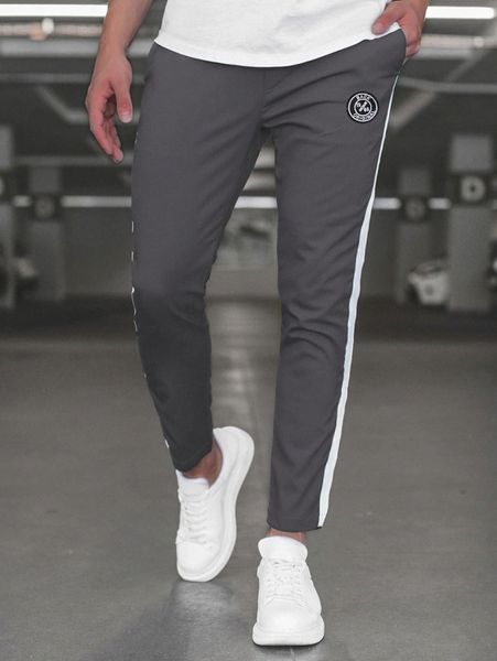 

men patch detail contrast side seam pants 94fw#, Black