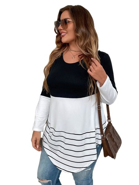 

plus two tone curved hem striped tee k1gv#, Black