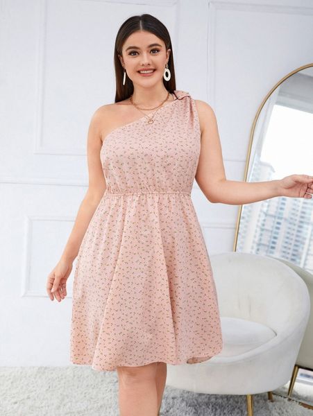 

plus ditsy floral knot detail one shoulder dress 21hg#, Black