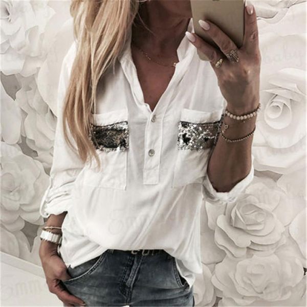 Camicette da donna Camicie 2022 Camicetta bianca da donna Manica lunga Button Down Camicia casual con paillettes a taglio basso Top Abiti di moda Blusa