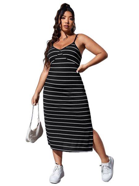 

plus striped split thigh cami dress 88h3#, Black