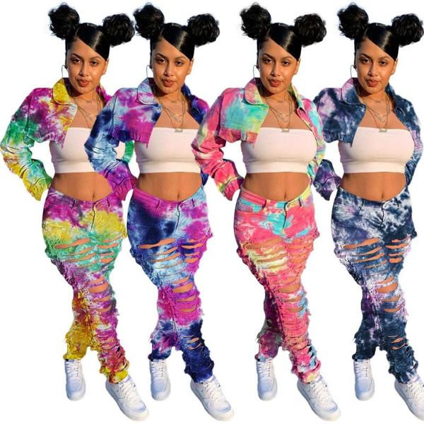 Tute da donna Denim stampato tie-dye colorato Set a due pezzi Colletto rovesciato da donna Top corto a maniche lunghe Jeans strappati impilati a vita alta