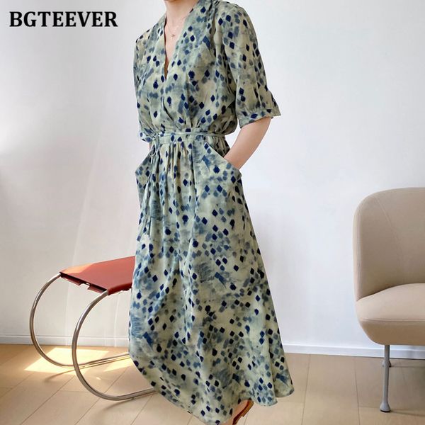 

elegant v-neck slim lace-up female printed long dress puff sleeve pockets women a-line dress summer ladies vestidos, Black;gray