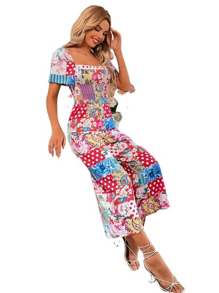 

random patchwork print shirred square neck jumpsuit s4u0#, Black;white