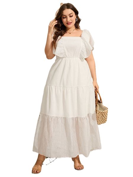 

plus square neck butterfly sleeve ruffle hem dress 77lr#, Black