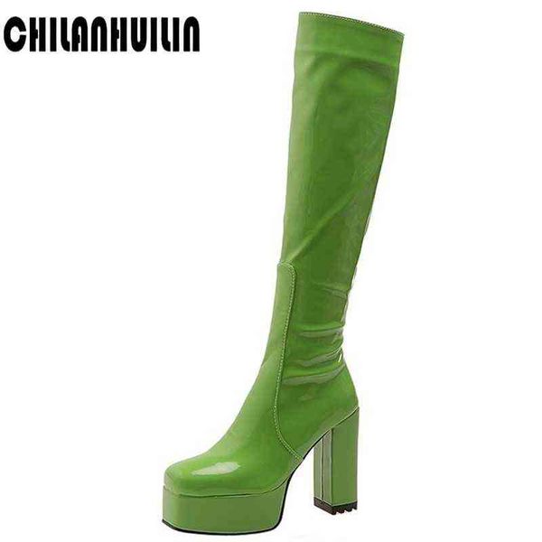

boot punk style autumn winter patent leather shoe woman knee high zip heel black thick platform long riding 220805