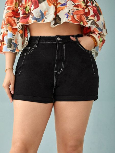 

plus slant pocket roll up hem denim shorts b54b#, White;black