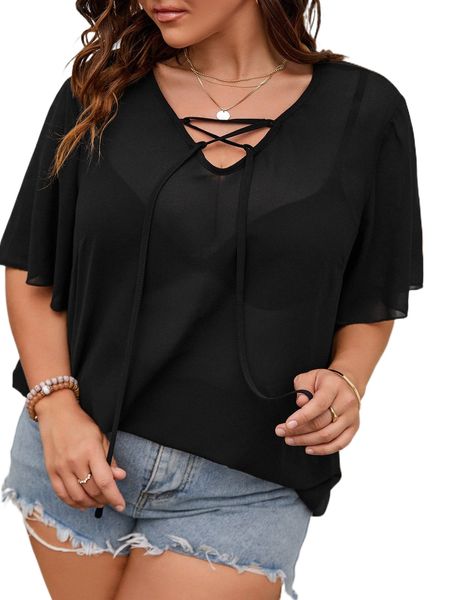 

plus lace up front butterfly sleeve chiffon blouse without bra u5wd#, Black