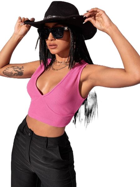 

plunging neck rib knit crop tank w7es#, White