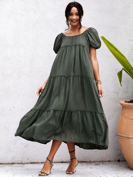 

love&lemonade puff sleeve flounce hem smock dress v7x7#, Black;gray