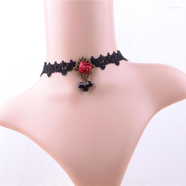 Chokers Women Women Black Lace Red Flower Garufk