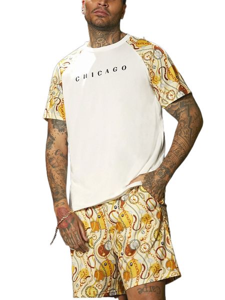 

men random chain & letter graphic raglan sleeve tee & shorts q1gn#, Gray