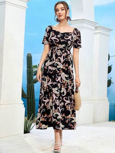 

paisley & floral print sweetheart neck dress g4b6#, Black;gray