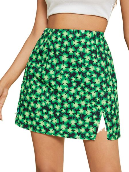 

allover clover print split hem skirt d3p5#, Black
