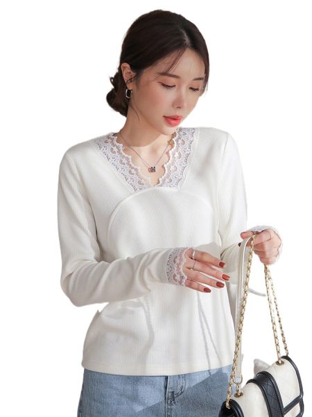 

dazy embroidery mesh trim rib-knit tee w7xu#, White