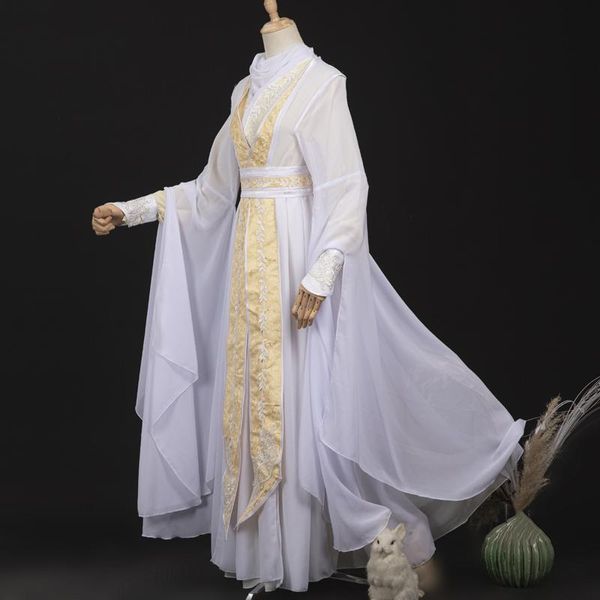 Stage Wear White Hanfu Men Chinese Ancient Traditional Clothes Costume da fata Abito maschile Mantello lungo Festival Outfit DNV14199Stage