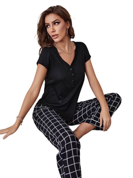 

plaid button front pj set 749v#, Black;red