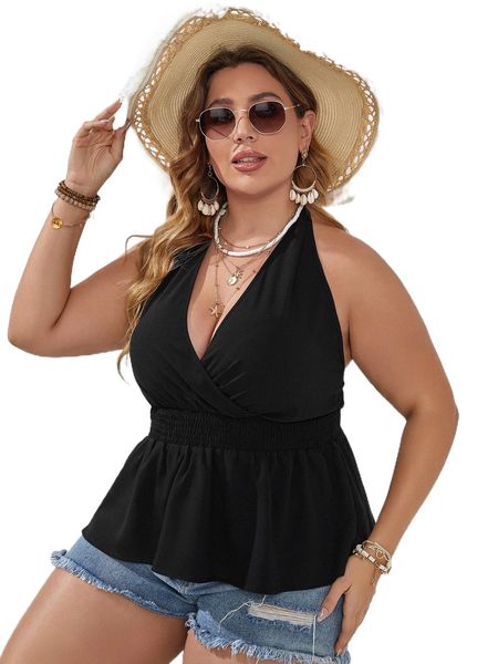 

plus tie backless shirred waist halter w4fh#, Black