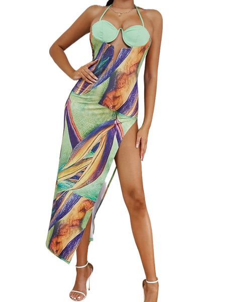 

graphic print cut out halter neck backless knot slit thigh dress r0n3#, Black;gray