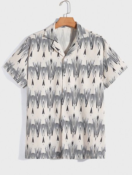 

romwe guys geo print lapel neck shirt w0b9#, White;black