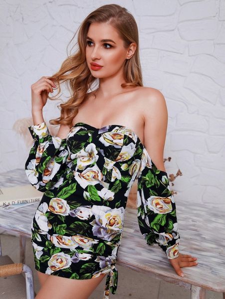 

love&lemonade off shoulder drawstring ruched floral dress i2j3#, Black;gray