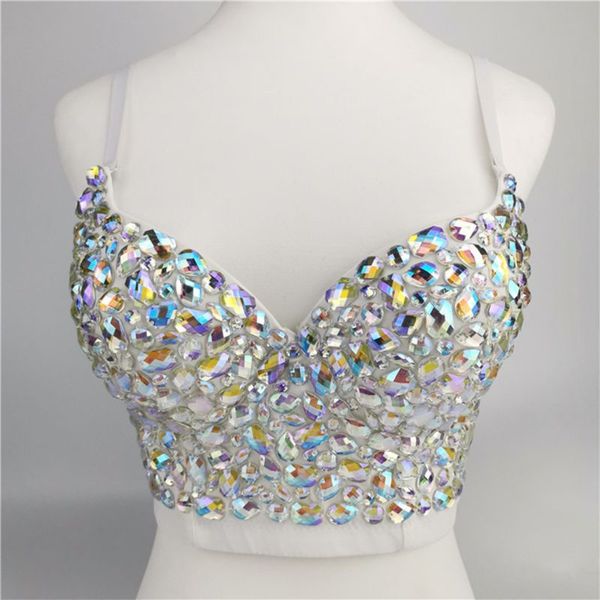 

Women AB Colored Rhinestone Bustier Crop Top Spaghetti Strap Push Up Corset Vest