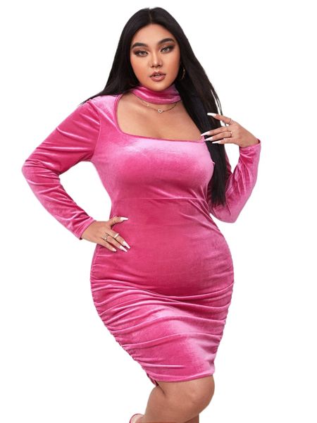 

sxy plus choker neck ruched velvet bodycon dress f2my#, Black