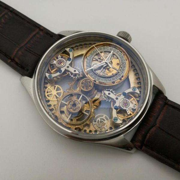 

wristwatches steam punk men's watch skeleton original personality male watches automatic mechanical waterproof stainless steel leather, Slivery;brown