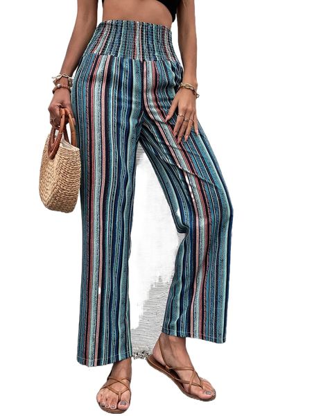 

colorful striped shirred waist pants x3ru#, Black;white