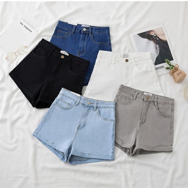 

women high waist button skinny jeans summer shorts casual oversized wide leg elasticity female blue denim 220602