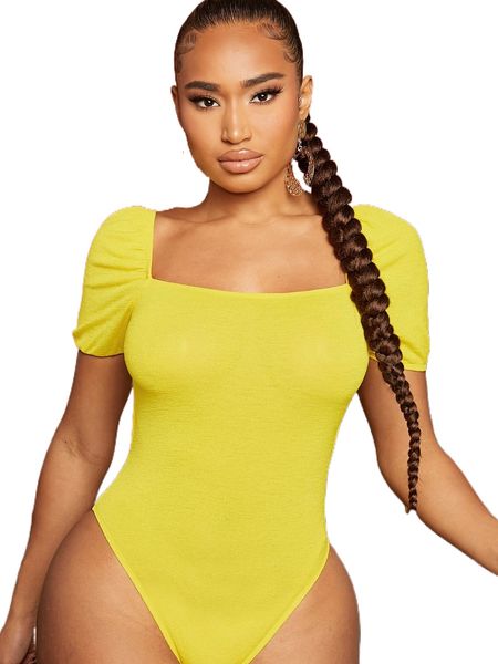 

solid puff sleeve bodysuit n05j#, White