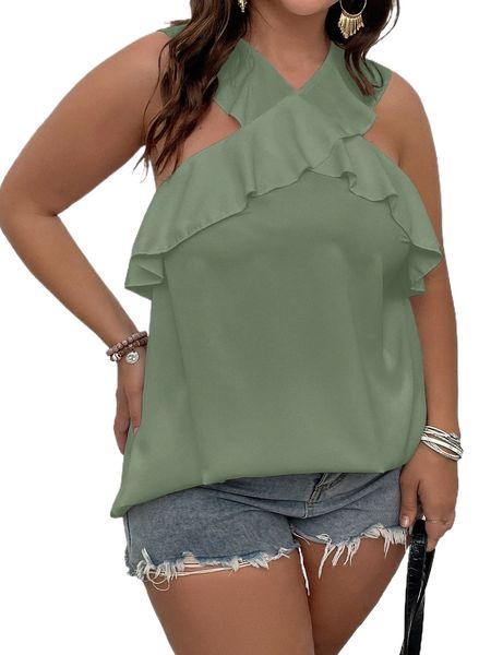 

plus ruffle trim solid blouse 762m#, Black