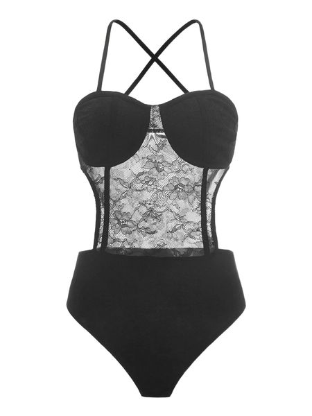 

contrast lace cami bodysuit i44v#, White