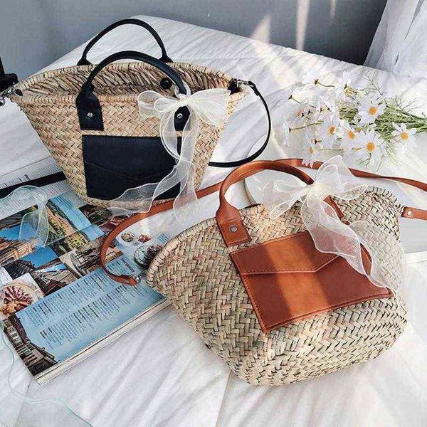 

fashion pu patchwork basket rattan bags women handbag summer women shoulder bags large capacity bali beach straw crossbody bag g220524