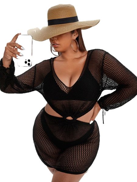 

plus knitted ring linked cut-out cover up d17m#, Black