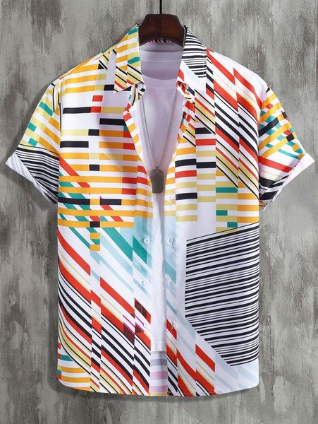 

men 1pc striped print shirt 79mi#, White;black