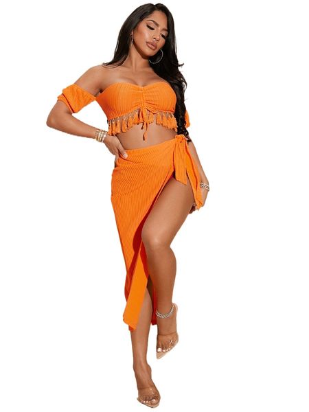 

sxy off shoulder drawstring tassel hem & tie side wrap skirt x7gm#, White