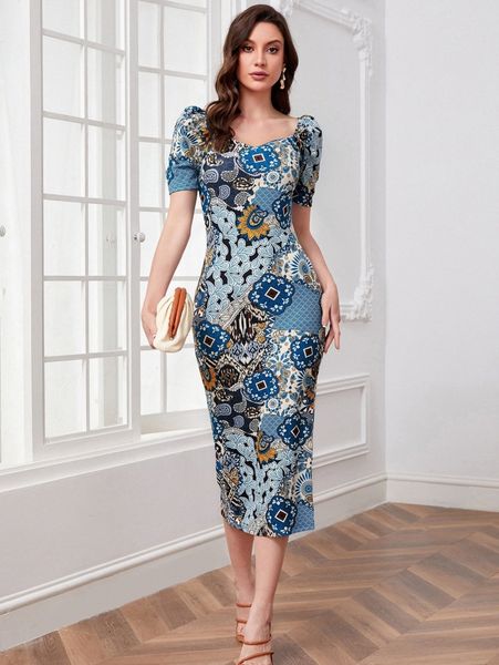 

paisley print split hem dress z6s6#, Black;gray