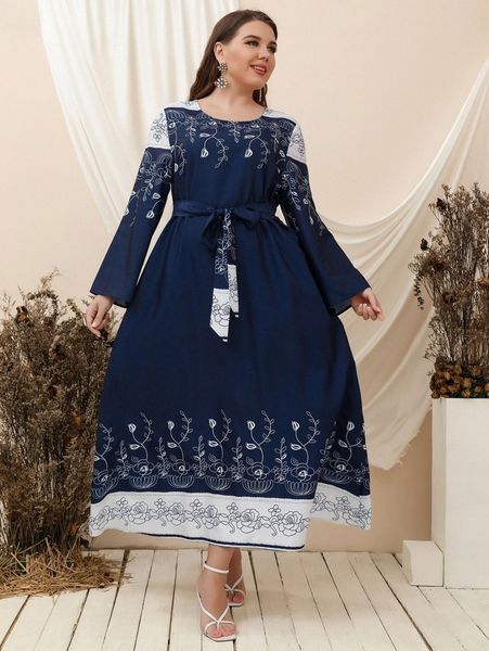 

plus floral print belted dress h5bn#, Black