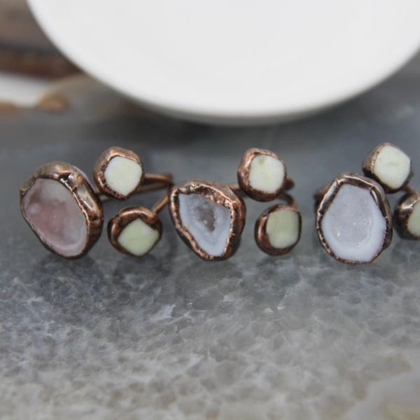 

cluster rings natural geode agates/australian jades ring,adjustable druzy agates three circle antique brass for women/man jewelry gifts, Golden;silver