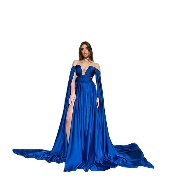 2022 Vestidos de baile azul mergulhando em pescoço do ombro, vestidos de noite plissados ​​de ombro, ruched sereia vestidos de gala