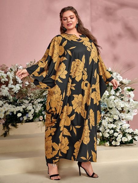 

plus floral print notch neck dress 47ly#, Black