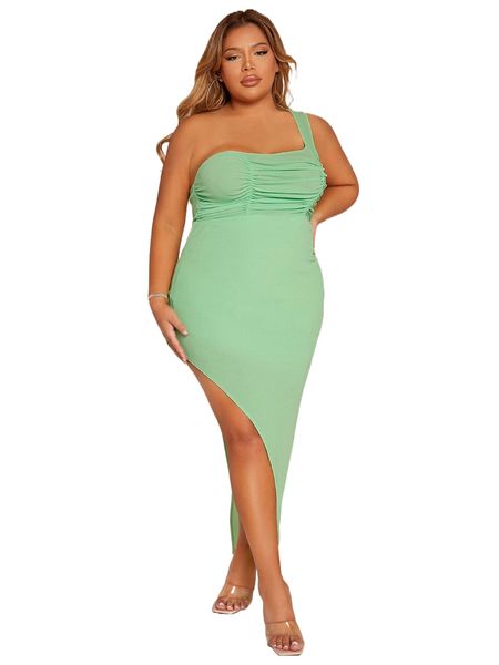 

sxy plus ruched one shoulder asymmetrical hem bodycon dress a0yk#, Black